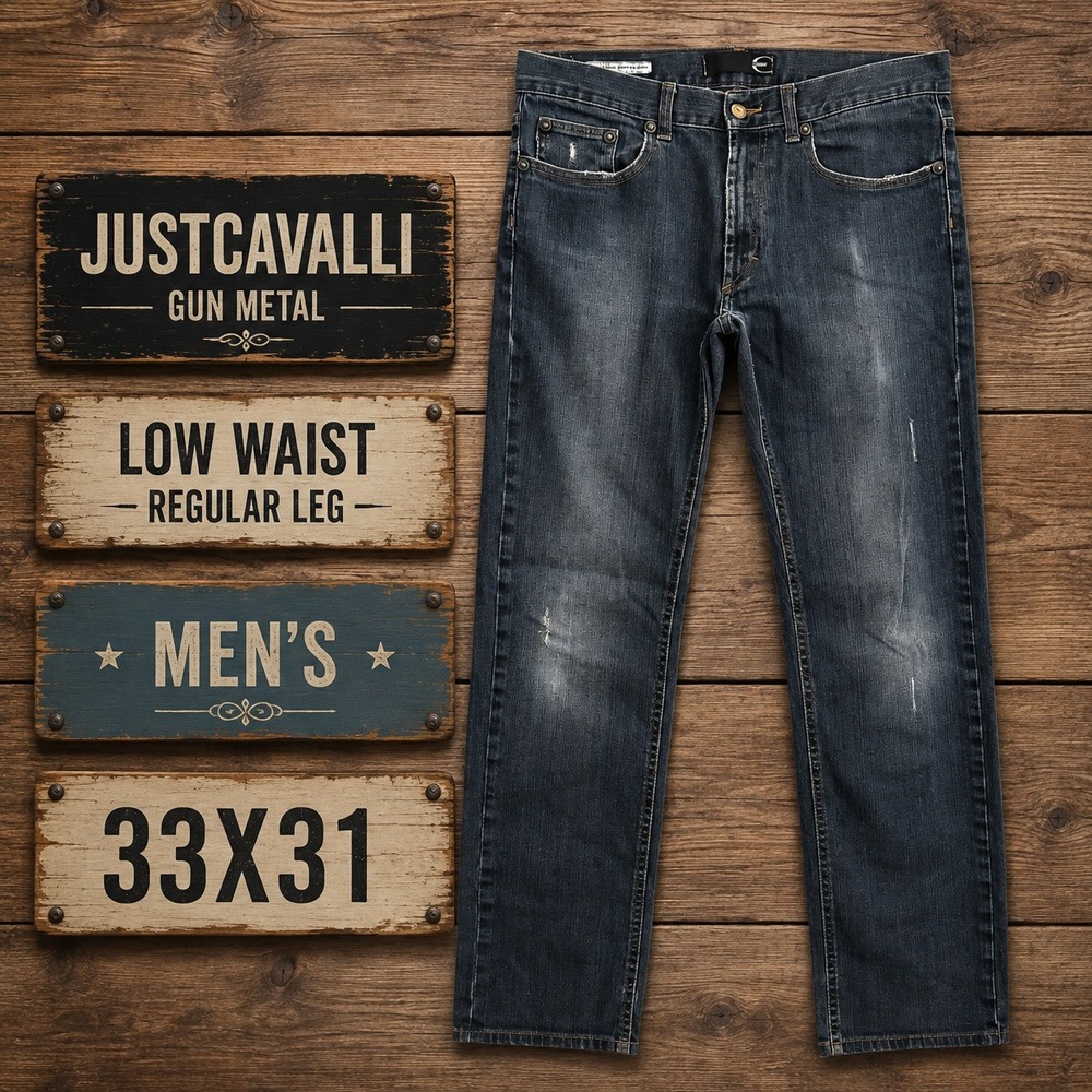 Just Cavalli Gun Metal Mens Jeans 33x31 Low Waist Regular Leg Stretch Blue Italy